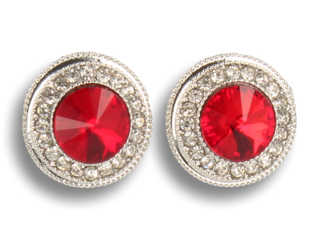 Klipsy do uszu srebrne, okrągłe z czerwoną perełką i cyrkoniami