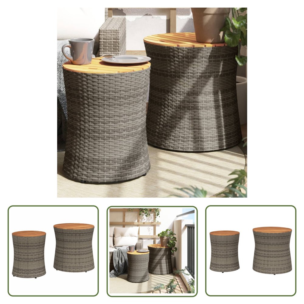 The Living Store Stoliki ogrodowe - 2 szt. - drewniane blaty - szare - polirattan - Stolik Ogrodowy