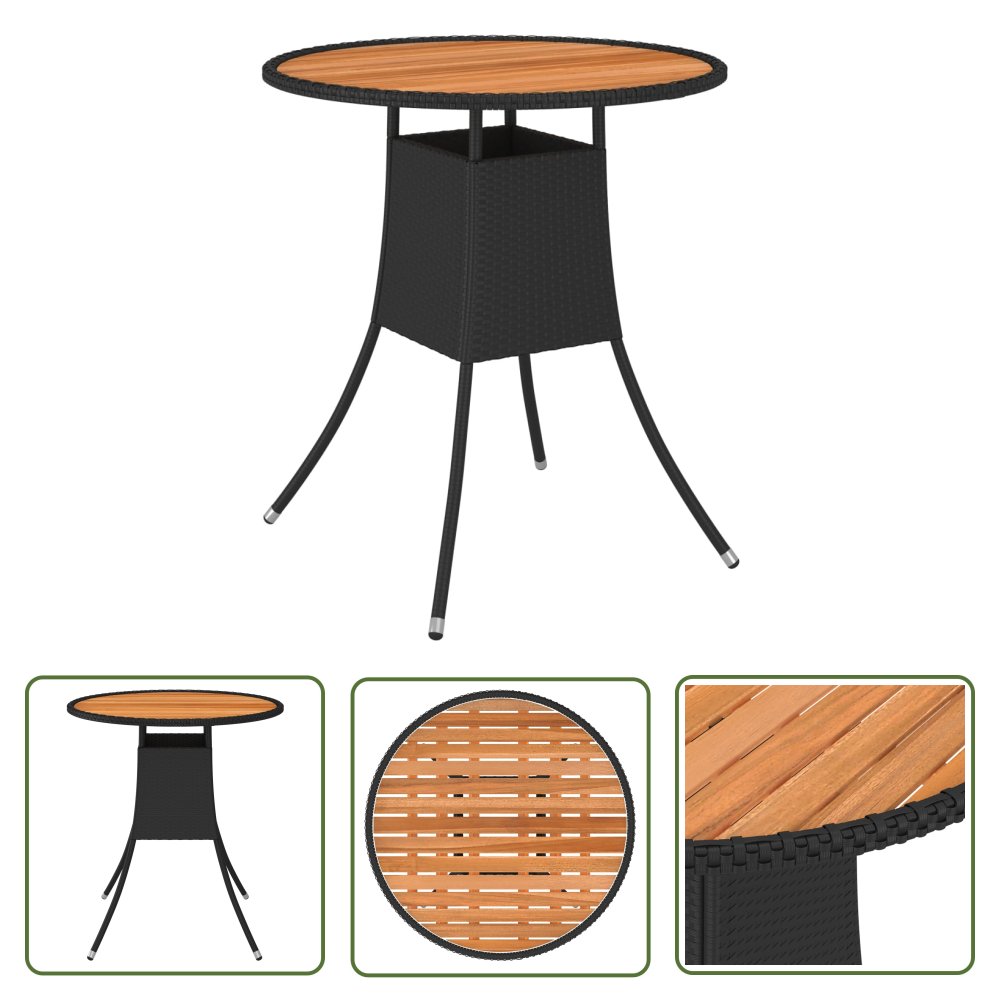 The Living Store Ogrodowy stolik jadalniany - czarny - Ø 70 cm - rattan PE i akacja - Stół Ogrodowy