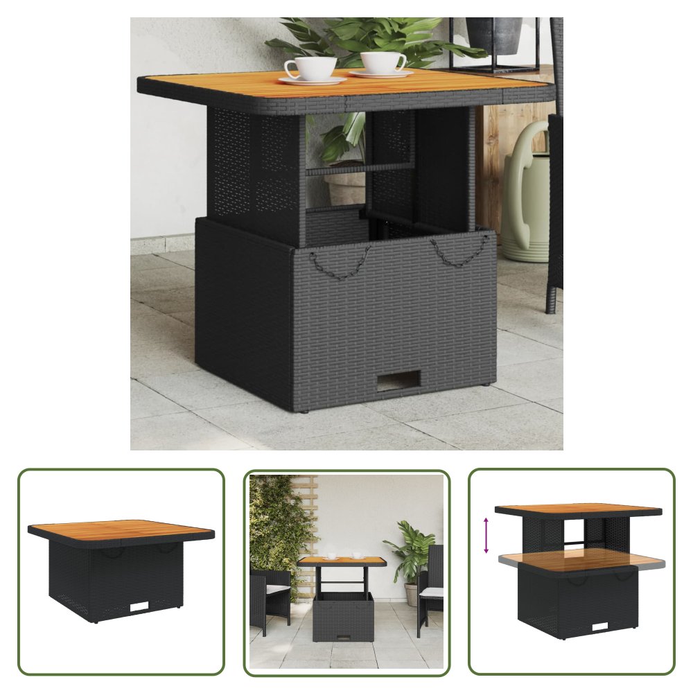 The Living Store Stół ogrodowy - czarny - 80x80x71 cm - polirattan i akacja - Stół Ogrodowy