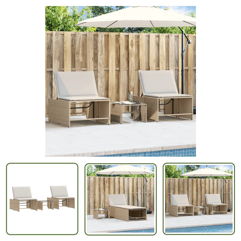 The Living Store Leżaki ze stolikiem - 2 szt. - beżowe - polirattan - Leżak