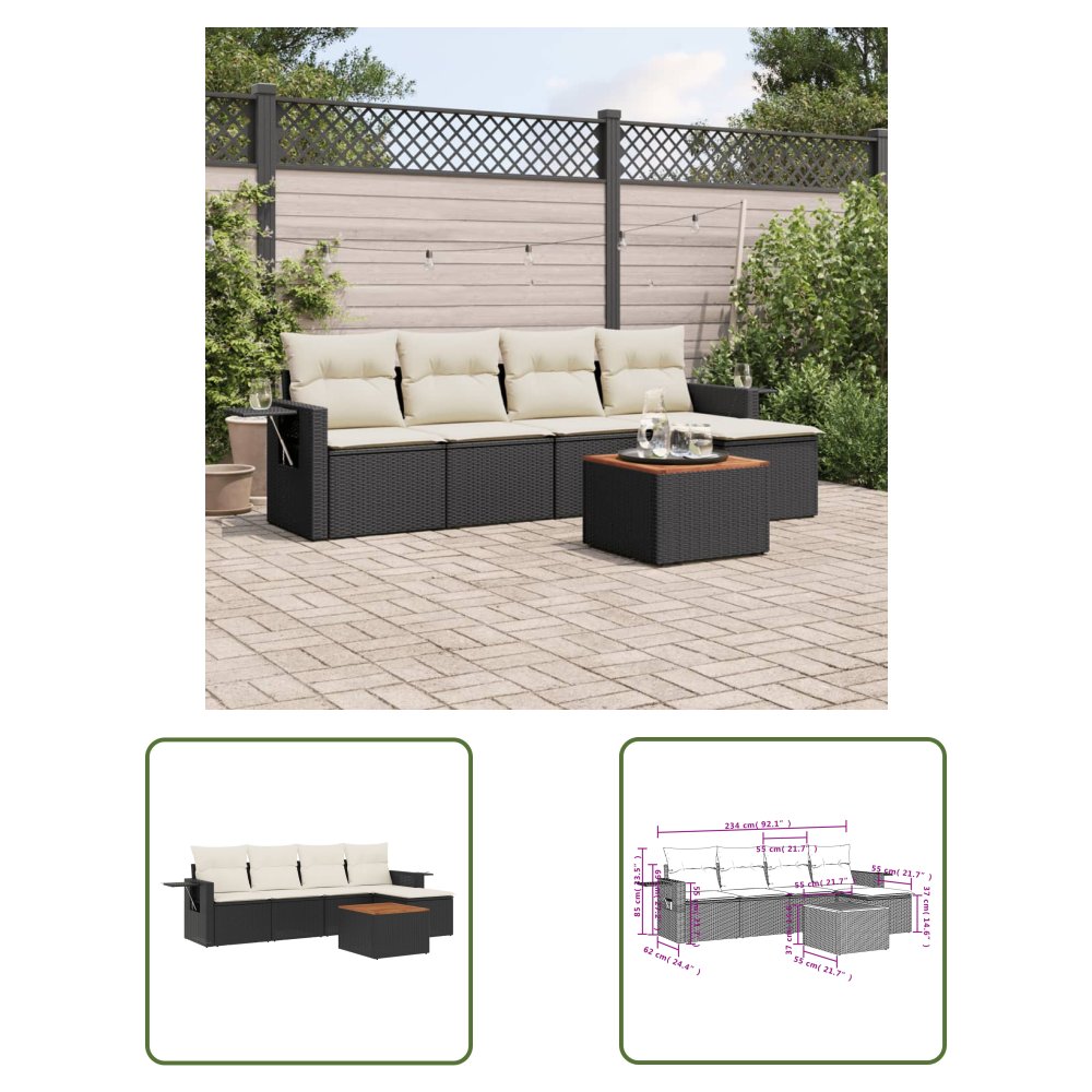 The Living Store 6-cz. zestaw mebli ogrodowych z poduszkami - czarny polirattan - Sofa Ogrodowa
