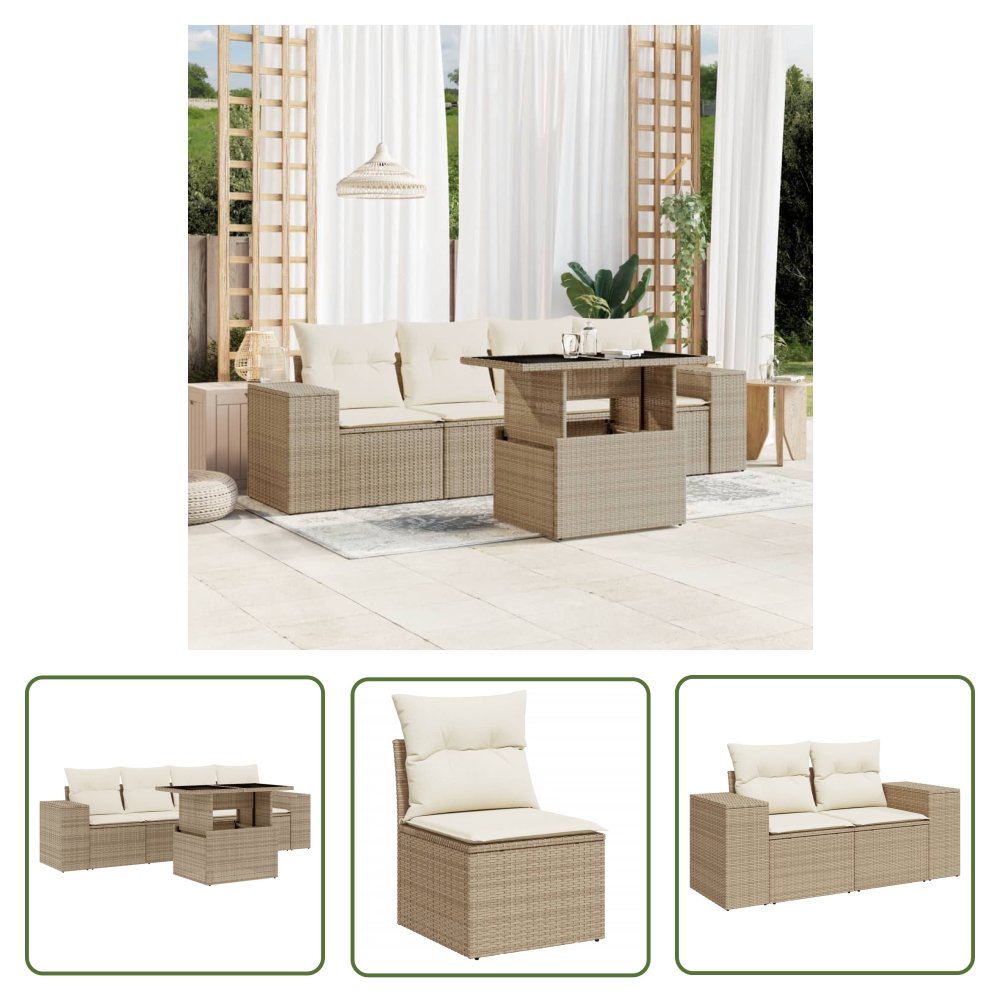 The Living Store 5-cz. zestaw mebli ogrodowych z poduszkami - beżowy - polirattan - Sofa Ogrodowa