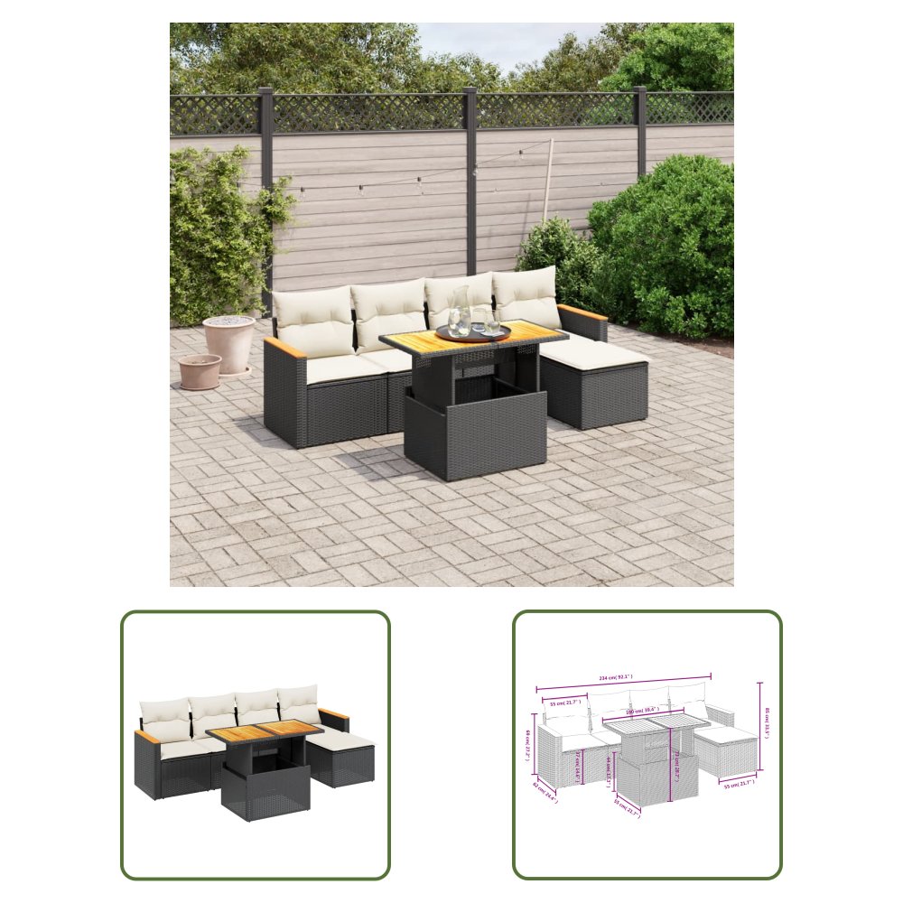 The Living Store 6-cz. zestaw mebli ogrodowych z poduszkami - czarny polirattan - Sofa Ogrodowa