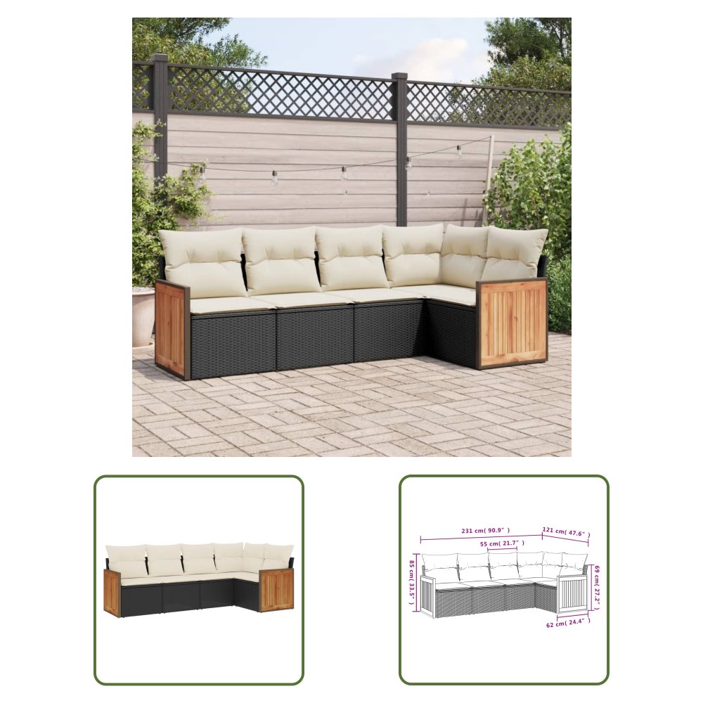 The Living Store 5-cz. zestaw wypoczynkowy do ogrodu - poduszki - czarny rattan PE - Sofa Ogrodowa