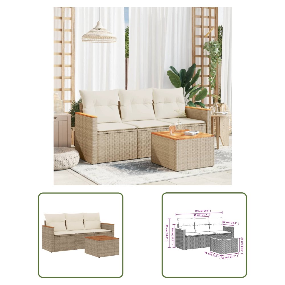 The Living Store 4-cz. zestaw mebli ogrodowych z poduszkami - beżowy - polirattan - Sofa Ogrodowa