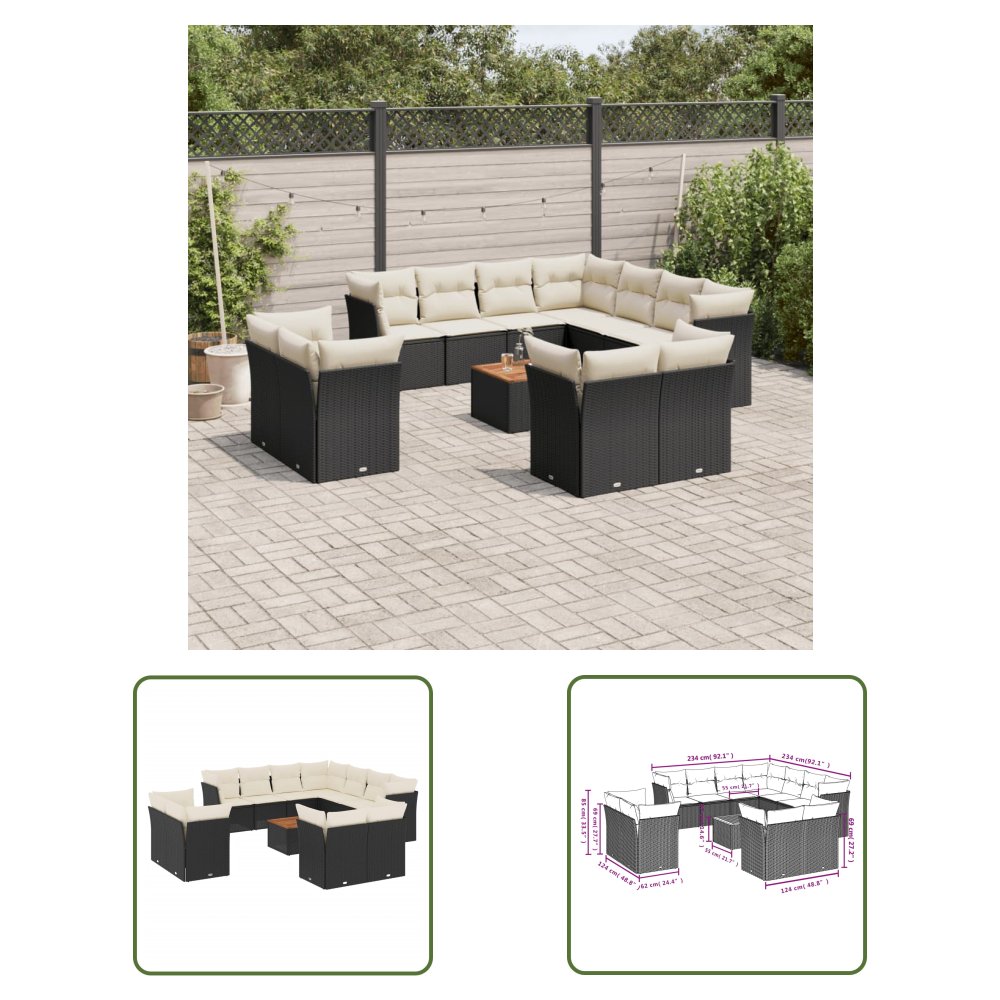 The Living Store 12-cz. zestaw mebli do ogrodu - z poduszkami - czarny - polirattan - Sofa Ogrodowa