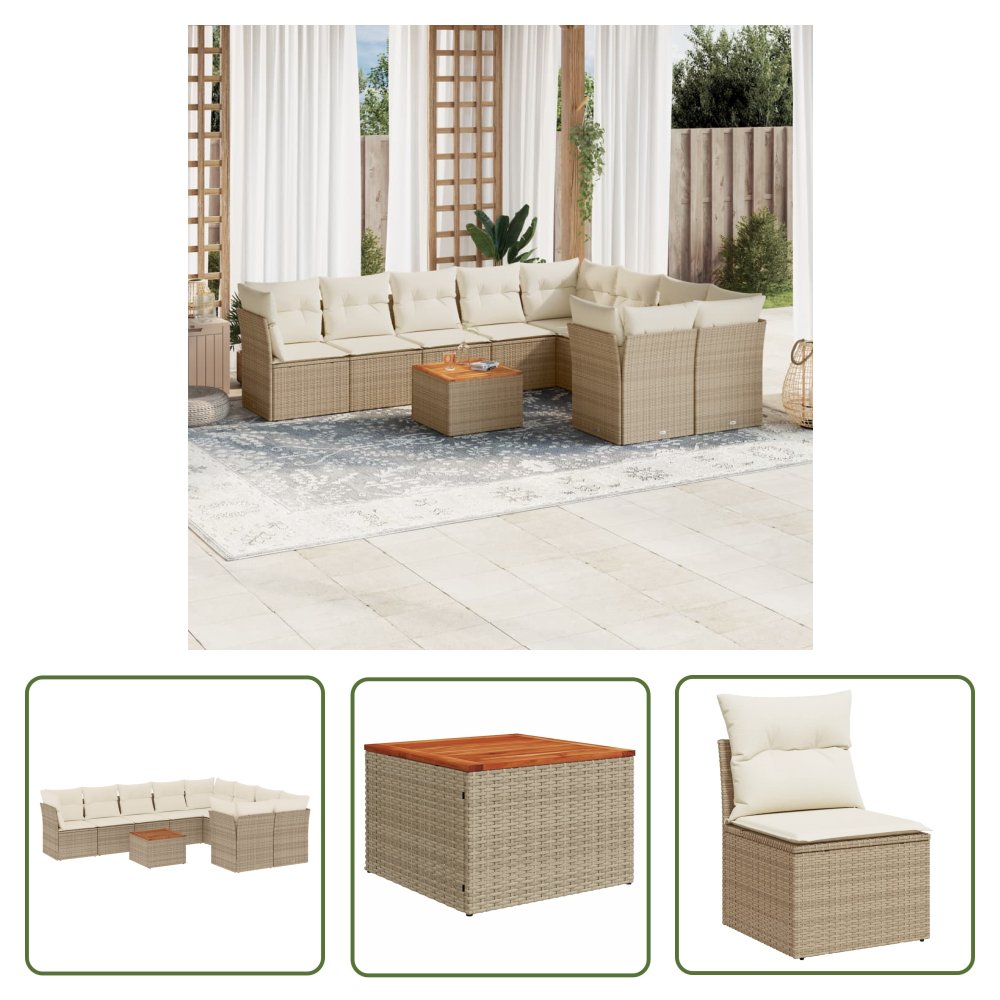The Living Store 10-cz. zestaw mebli ogrodowych z poduszkami - beżowy - polirattan - Sofa Ogrodowa