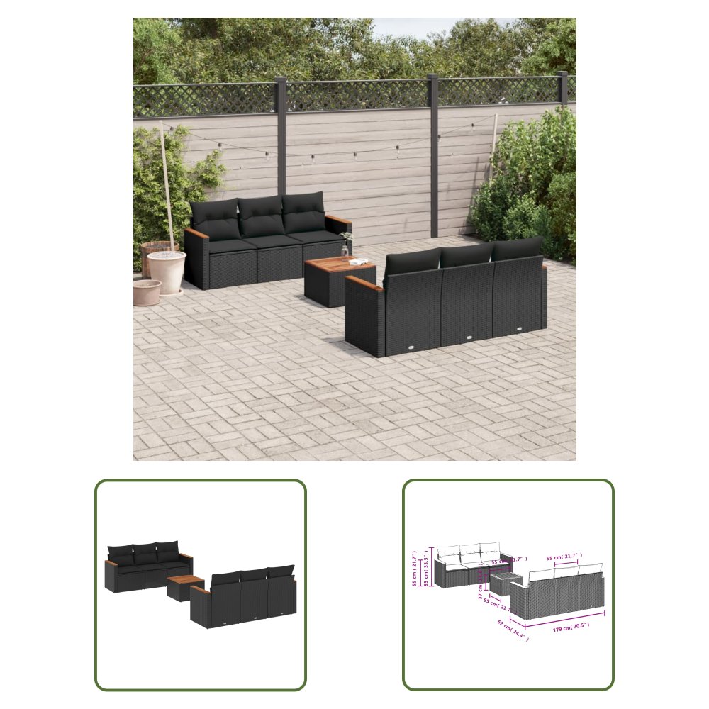 The Living Store 7-cz. zestaw wypoczynkowy do ogrodu - z poduszkami - czarny - Sofa Ogrodowa