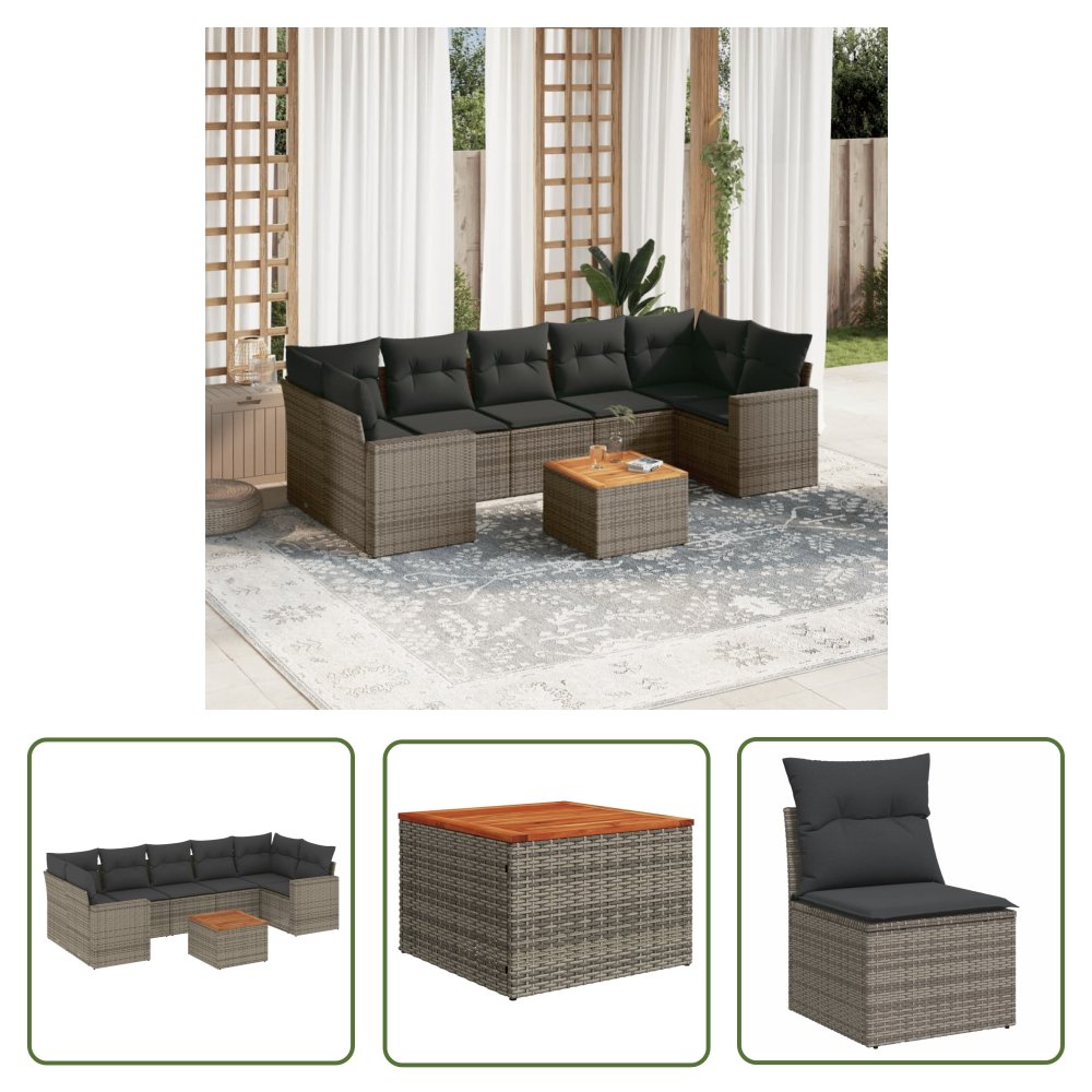 The Living Store 8-cz. zestaw mebli ogrodowych z poduszkami - szary - polirattan - Sofa Ogrodowa