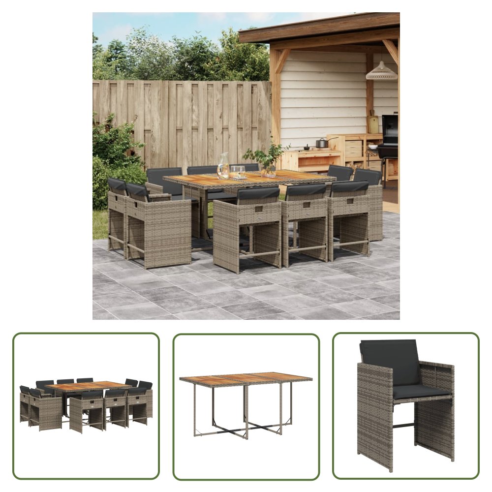 The Living Store 11-cz. zestaw mebli do ogrodu - z poduszkami - szary rattan PE - Meble Ogrodowe