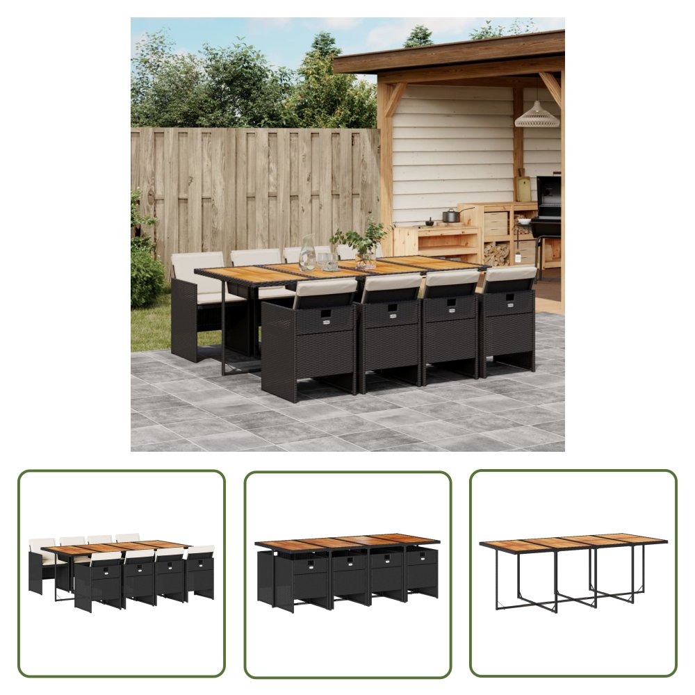 The Living Store 9-cz. zestaw mebli ogrodowych z poduszkami - czarny - rattan PE - Meble Ogrodowe