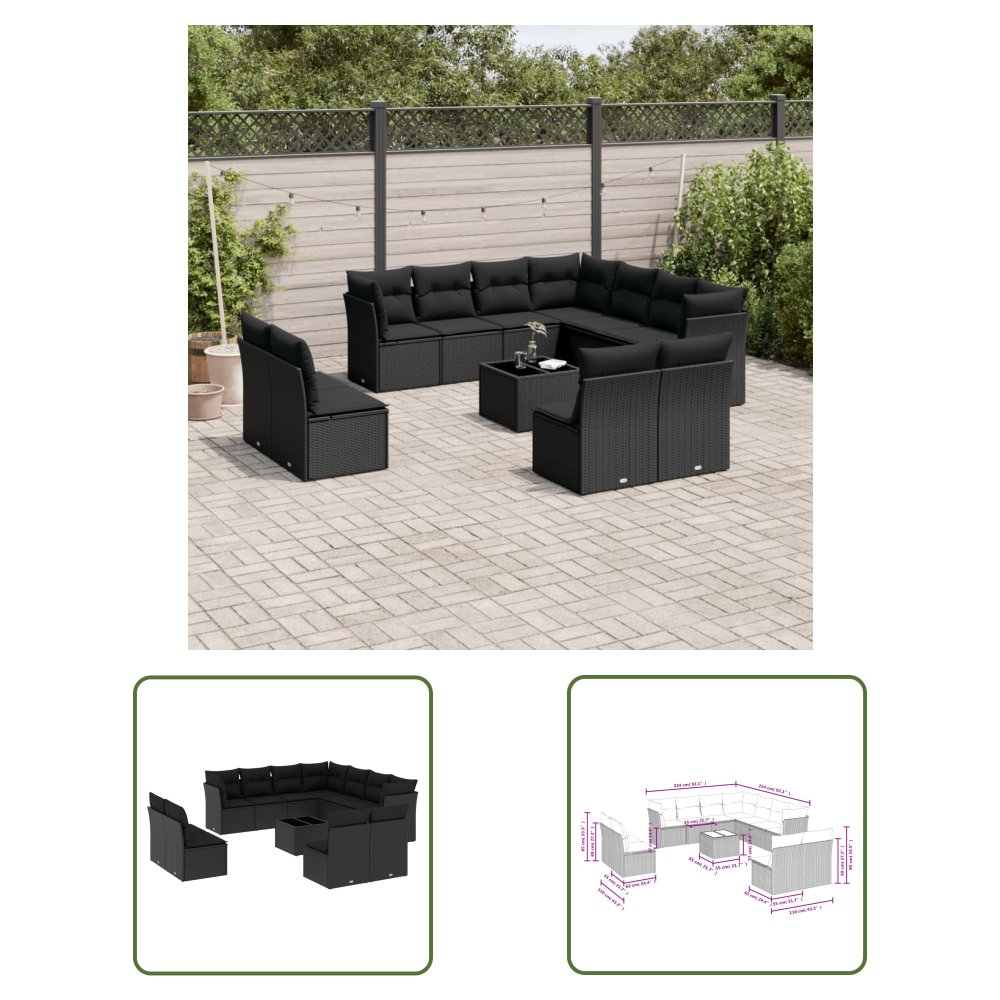The Living Store 12-cz. zestaw mebli do ogrodu - z poduszkami - czarny - polirattan - Sofa Ogrodowa