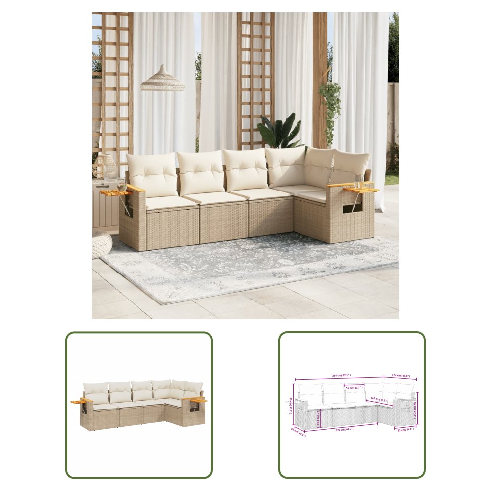 The Living Store 5-cz. zestaw mebli ogrodowych z poduszkami - beżowy - polirattan - Sofa Ogrodowa