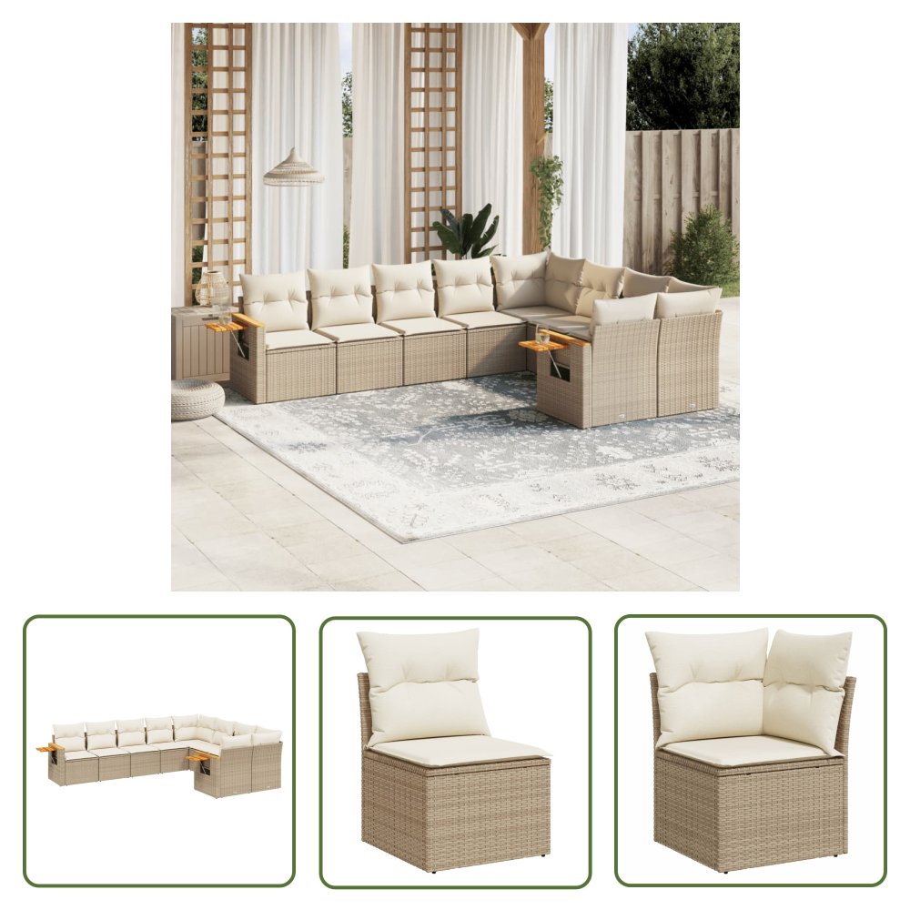 The Living Store 9-cz. zestaw mebli ogrodowych z poduszkami - beżowy - polirattan - Sofa Ogrodowa