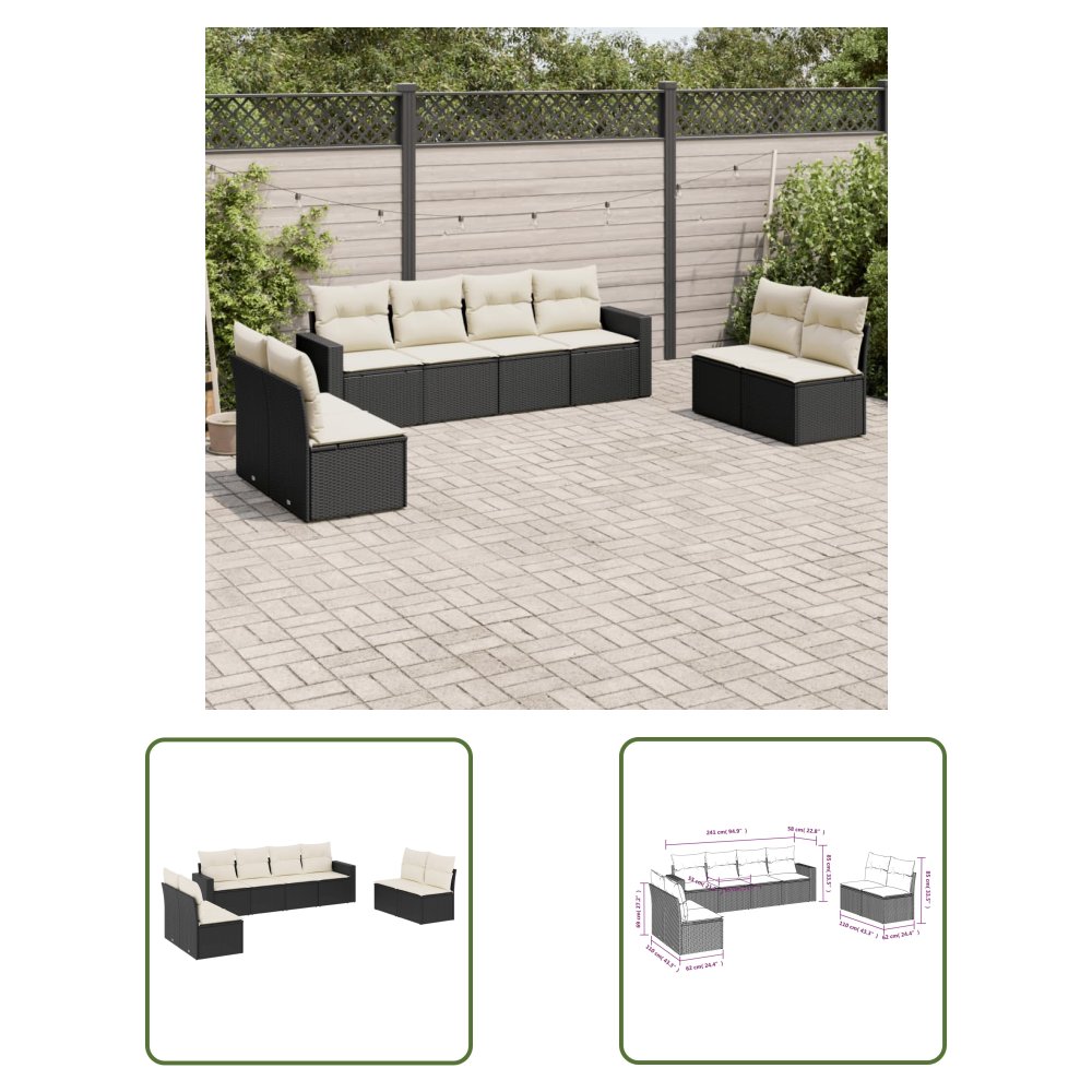 The Living Store 8-cz. zestaw wypoczynkowy do ogrodu - z poduszkami - czarny - Sofa Ogrodowa