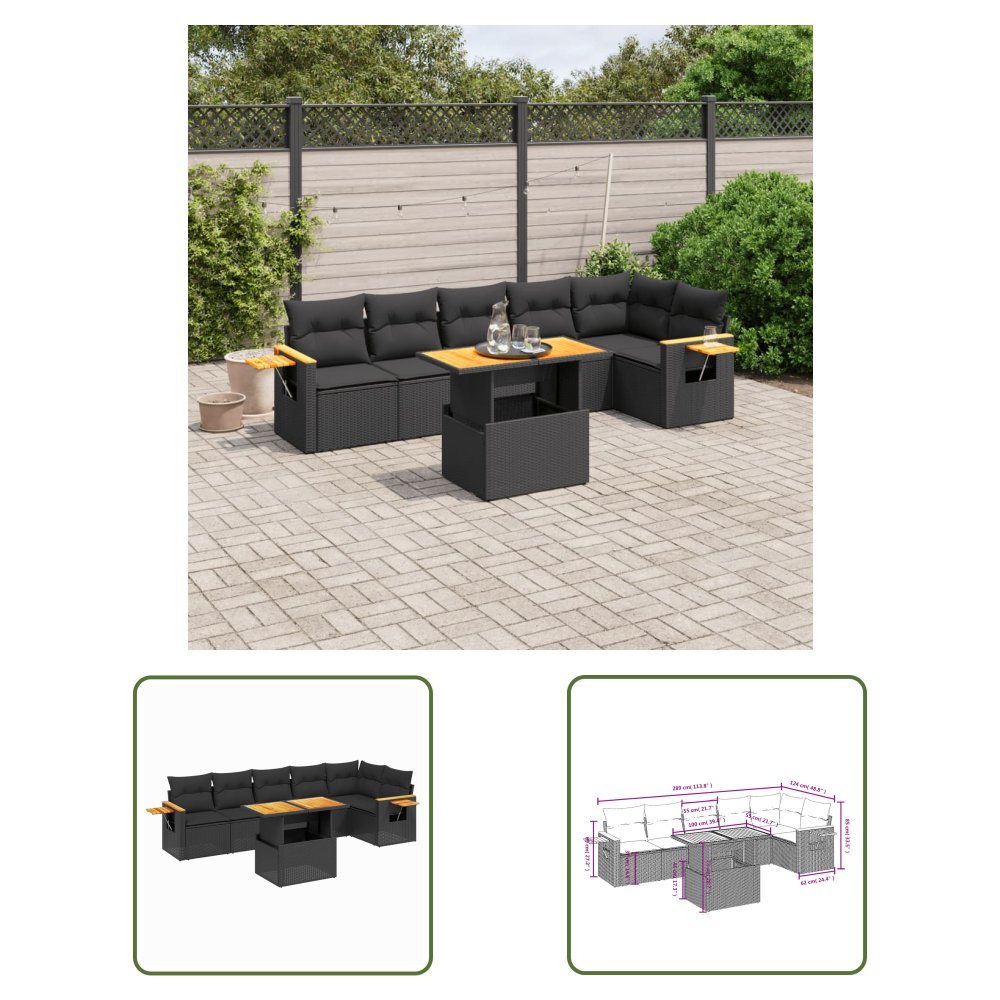 The Living Store 7-cz. zestaw wypoczynkowy do ogrodu - z poduszkami - czarny - Sofa Ogrodowa