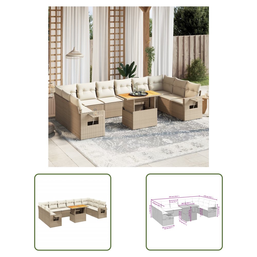 The Living Store 11-cz. zestaw mebli ogrodowych z poduszkami - beżowy - polirattan - Sofa Ogrodowa