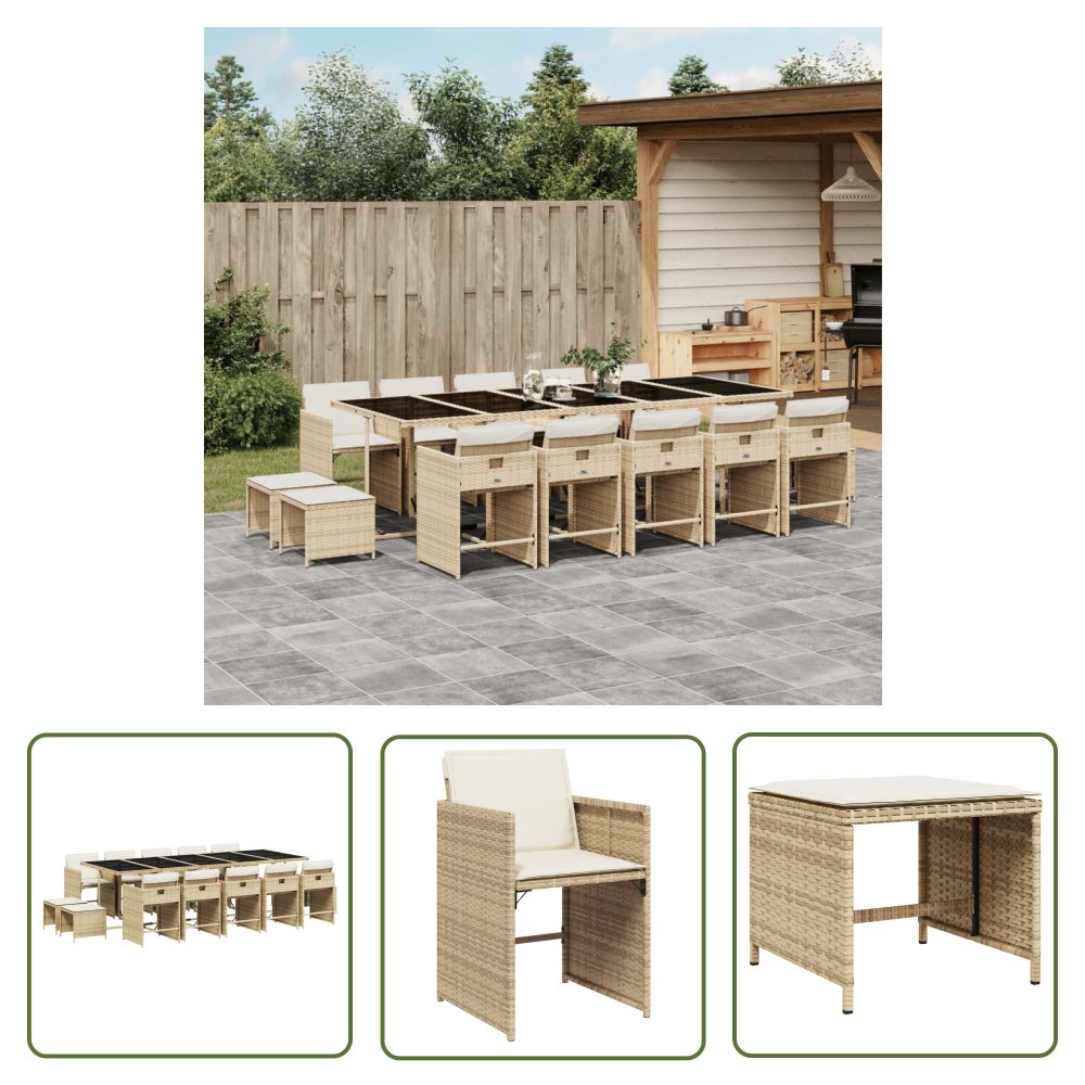 The Living Store 15-cz. zestaw mebli ogrodowych z poduszkami - beżowy - rattan PE - Meble Ogrodowe