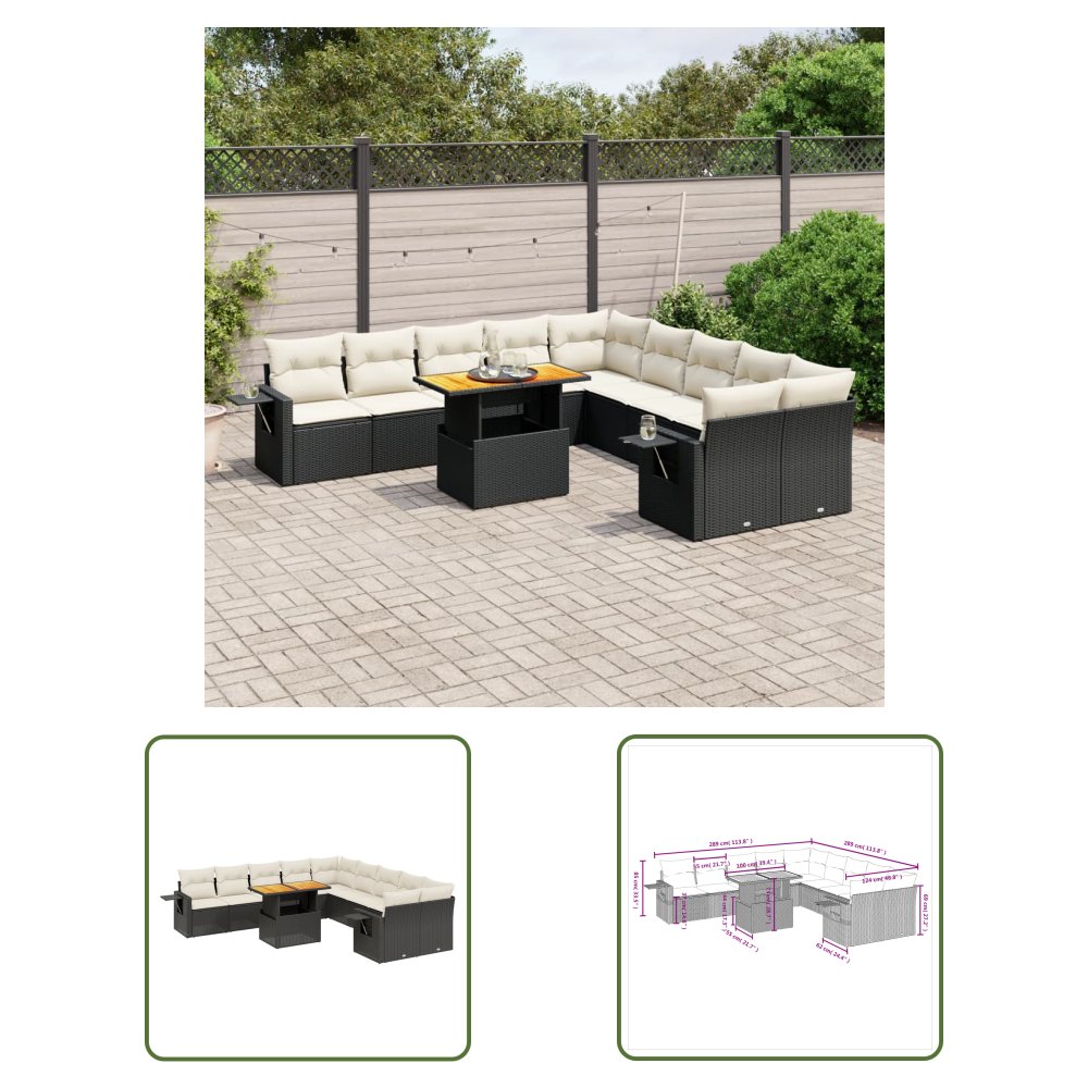 The Living Store 11-cz. zestaw wypoczynkowy do ogrodu - poduszki czarny rattan PE - Sofa Ogrodowa