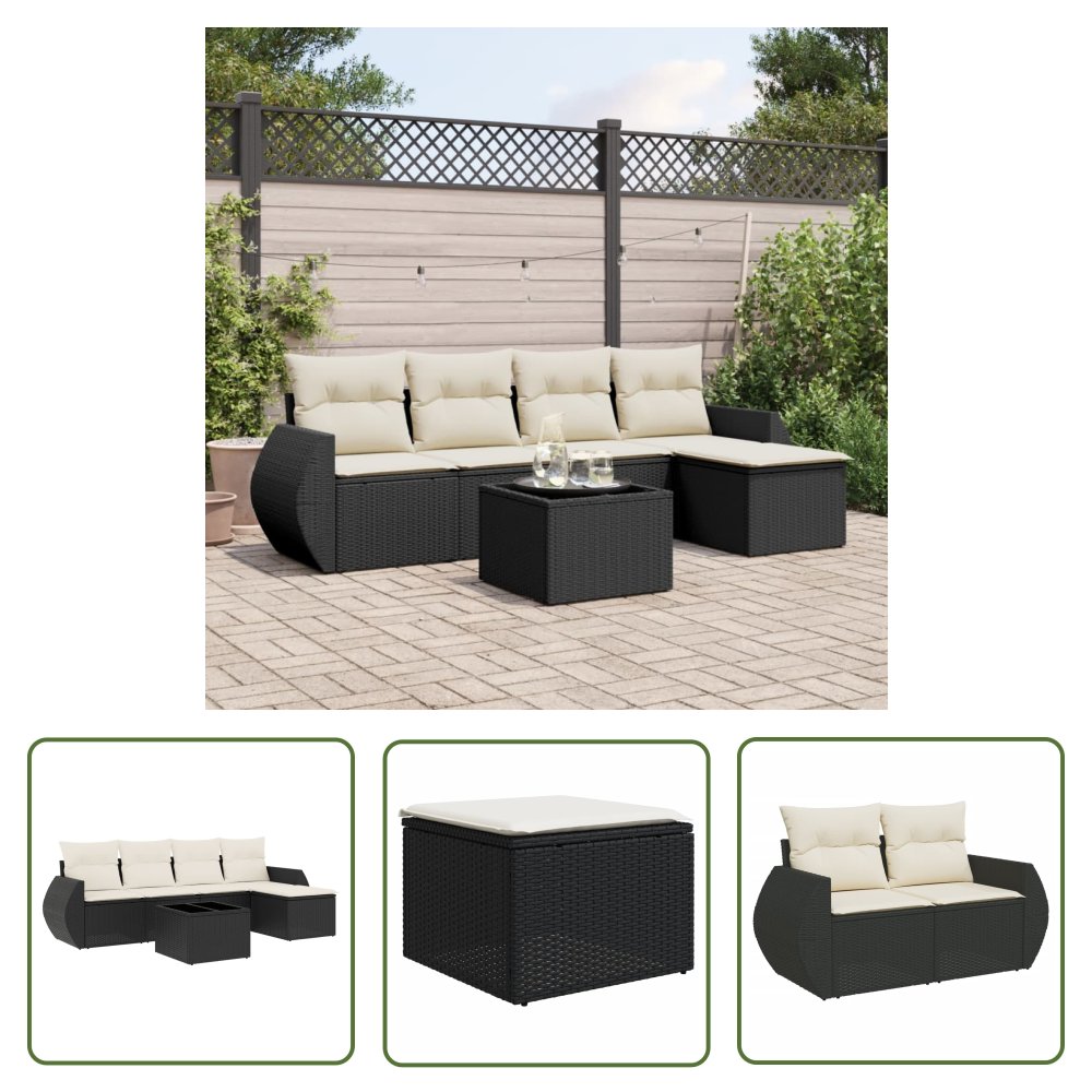 The Living Store 6-cz. zestaw mebli ogrodowych z poduszkami - czarny polirattan - Sofa Ogrodowa