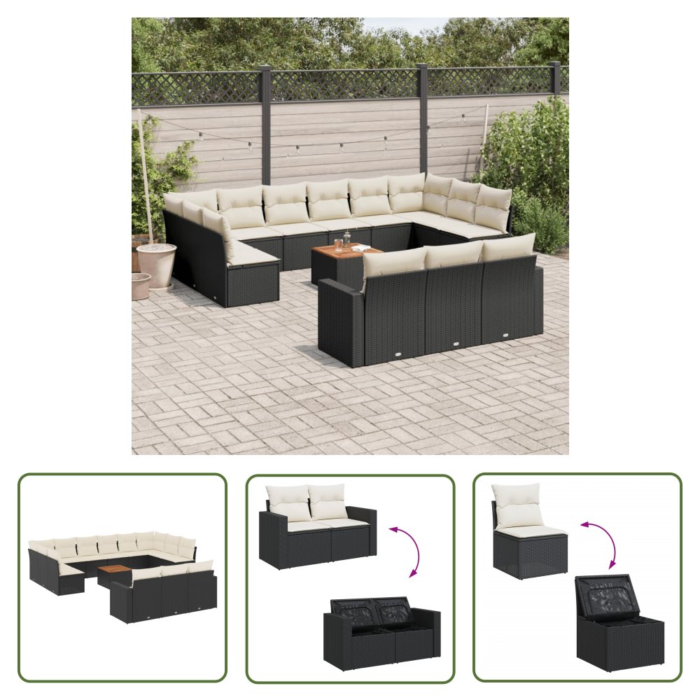 The Living Store 14-cz. zestaw wypoczynkowy do ogrodu - poduszki czarny rattan PE - Sofa Ogrodowa