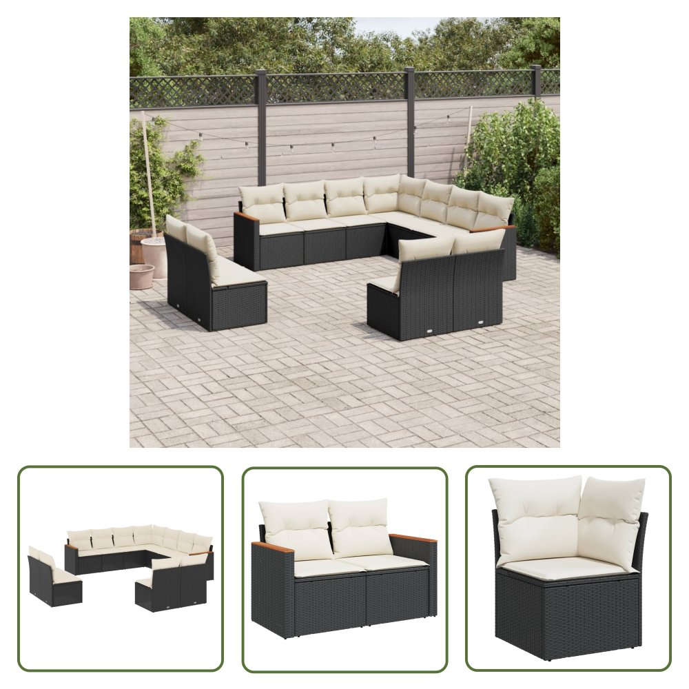 The Living Store 11-cz. zestaw wypoczynkowy do ogrodu - poduszki czarny rattan PE - Sofa Ogrodowa