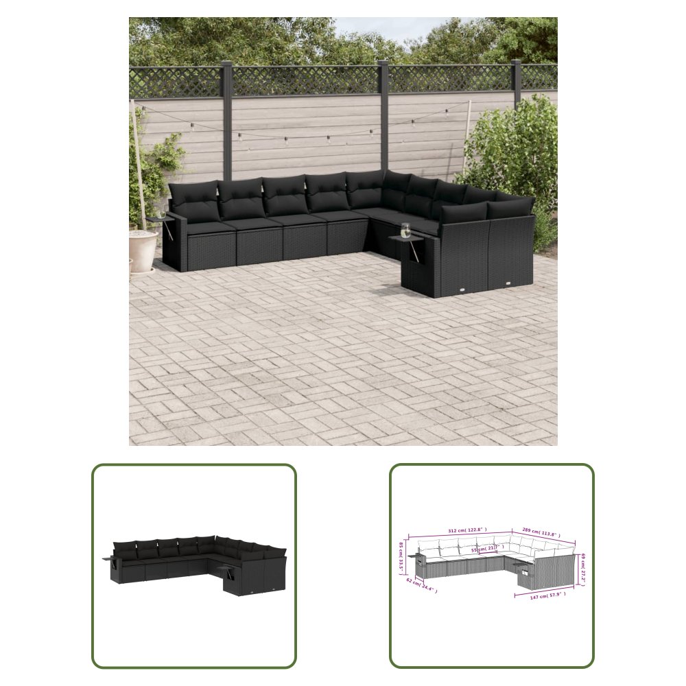 The Living Store 10-cz. zestaw wypoczynkowy do ogrodu - poduszki czarny rattan PE - Sofa Ogrodowa