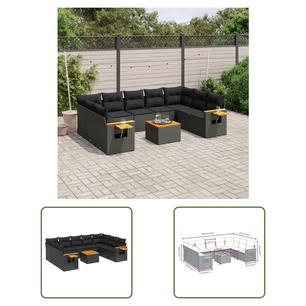The Living Store 10-cz. zestaw wypoczynkowy do ogrodu - poduszki czarny rattan PE - Sofa Ogrodowa
