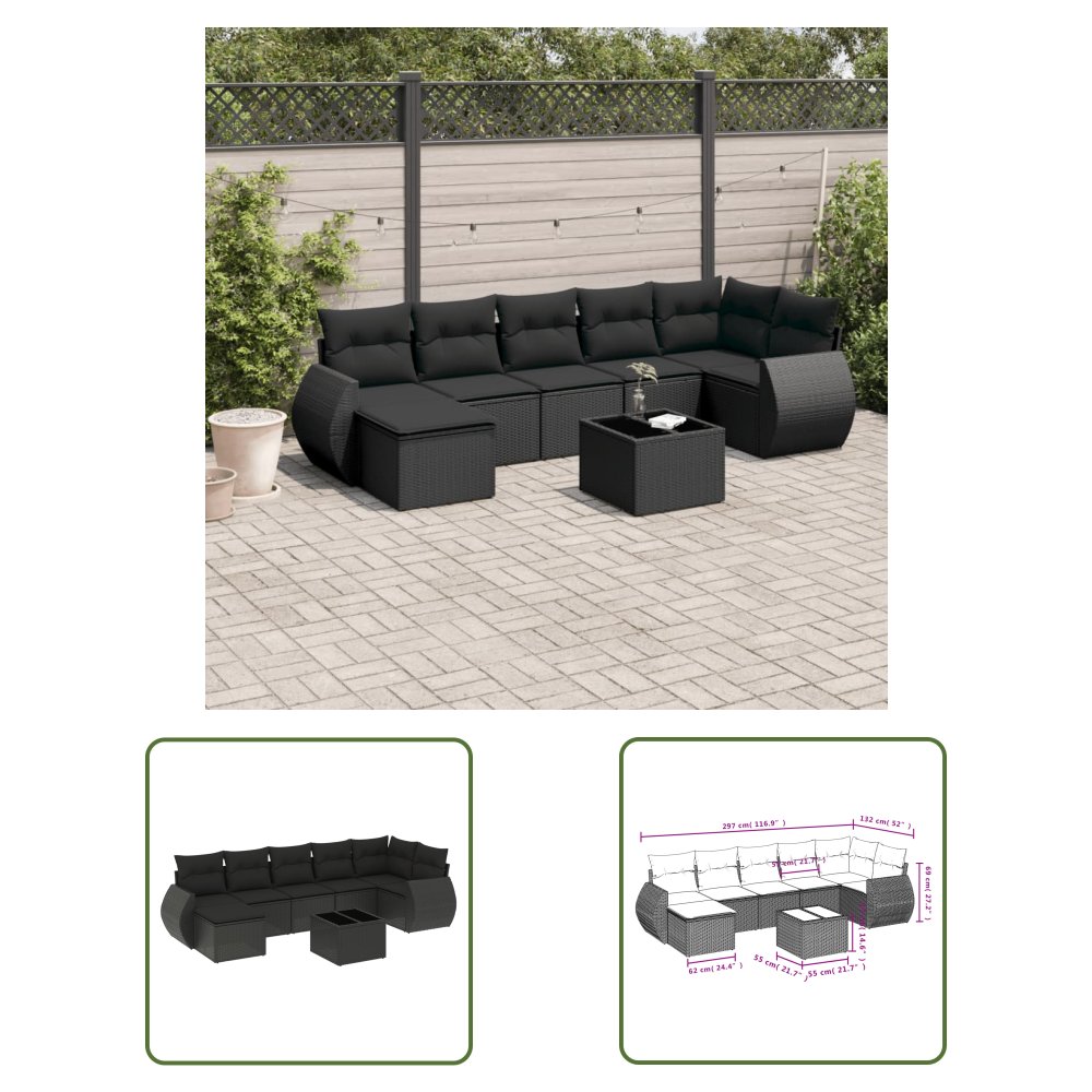 The Living Store 8-cz. zestaw wypoczynkowy do ogrodu - z poduszkami - czarny - Sofa Ogrodowa
