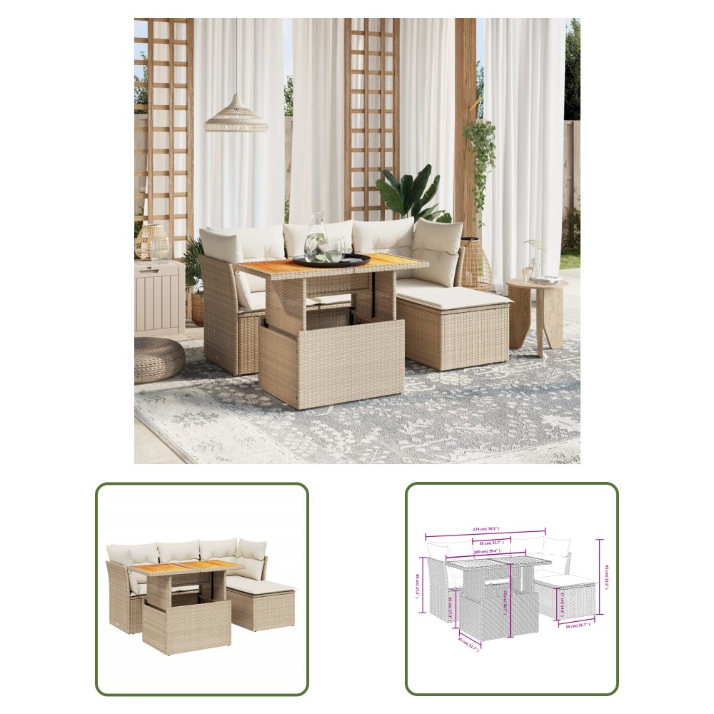 The Living Store 6-cz. zestaw mebli ogrodowych z poduszkami - beżowy - polirattan - Sofa Ogrodowa