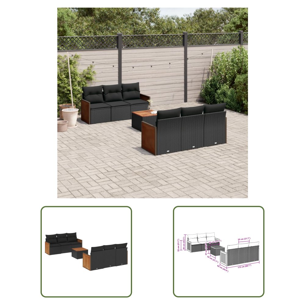 The Living Store 7-cz. zestaw wypoczynkowy do ogrodu - z poduszkami - czarny - Sofa Ogrodowa