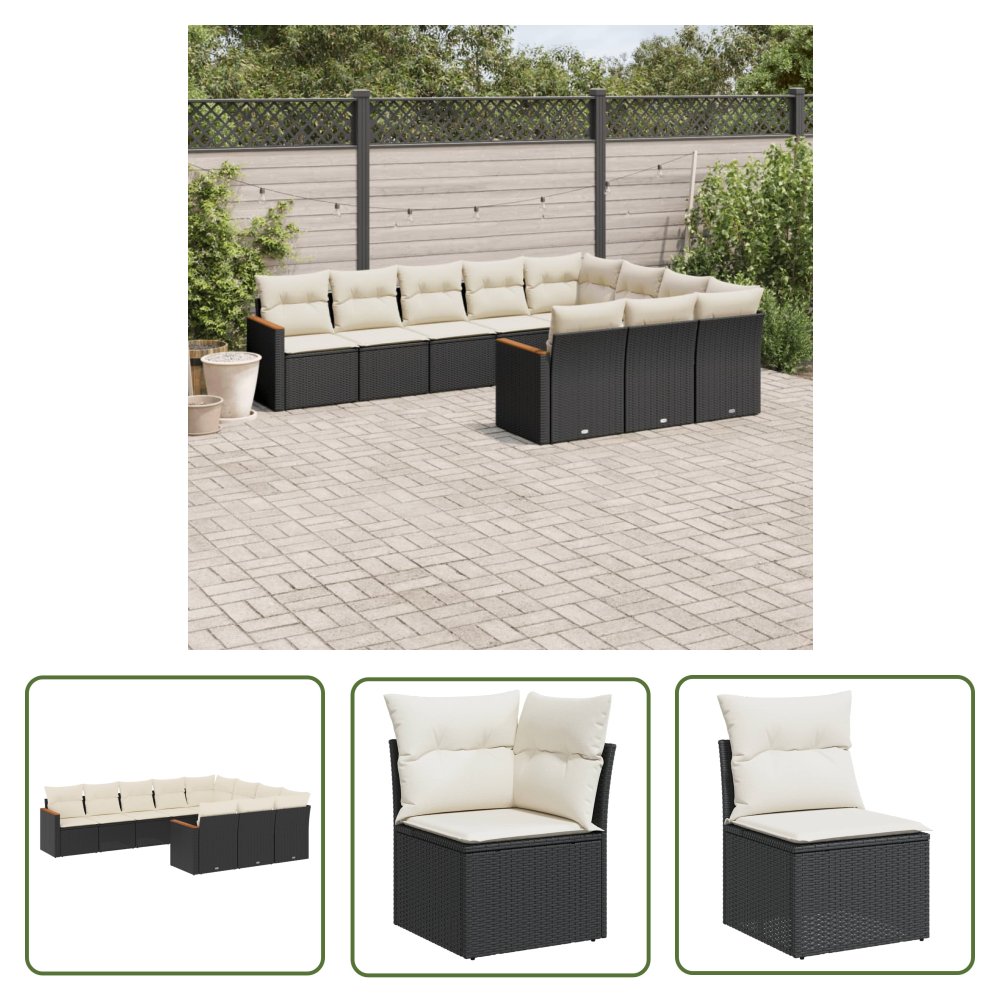 The Living Store 10-cz. zestaw wypoczynkowy do ogrodu - poduszki czarny rattan PE - Sofa Ogrodowa