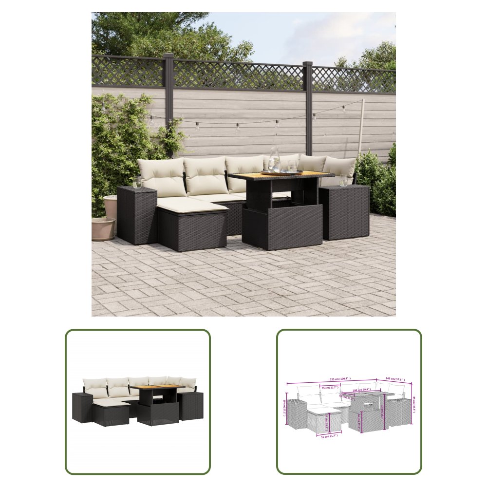The Living Store 7-cz. zestaw wypoczynkowy do ogrodu - z poduszkami - czarny - Sofa Ogrodowa