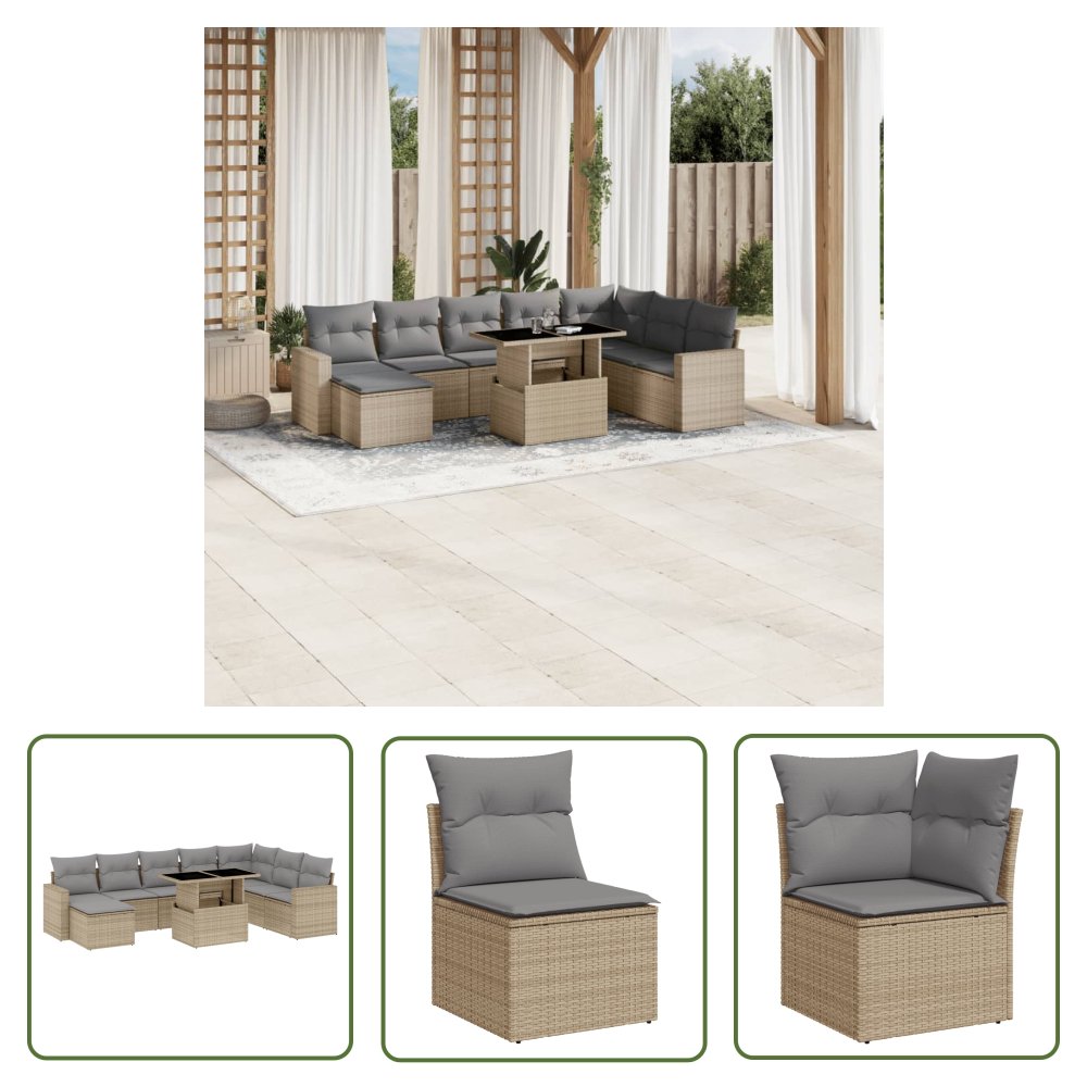 The Living Store 9-cz. zestaw mebli ogrodowych z poduszkami - beżowy - polirattan - Sofa Ogrodowa