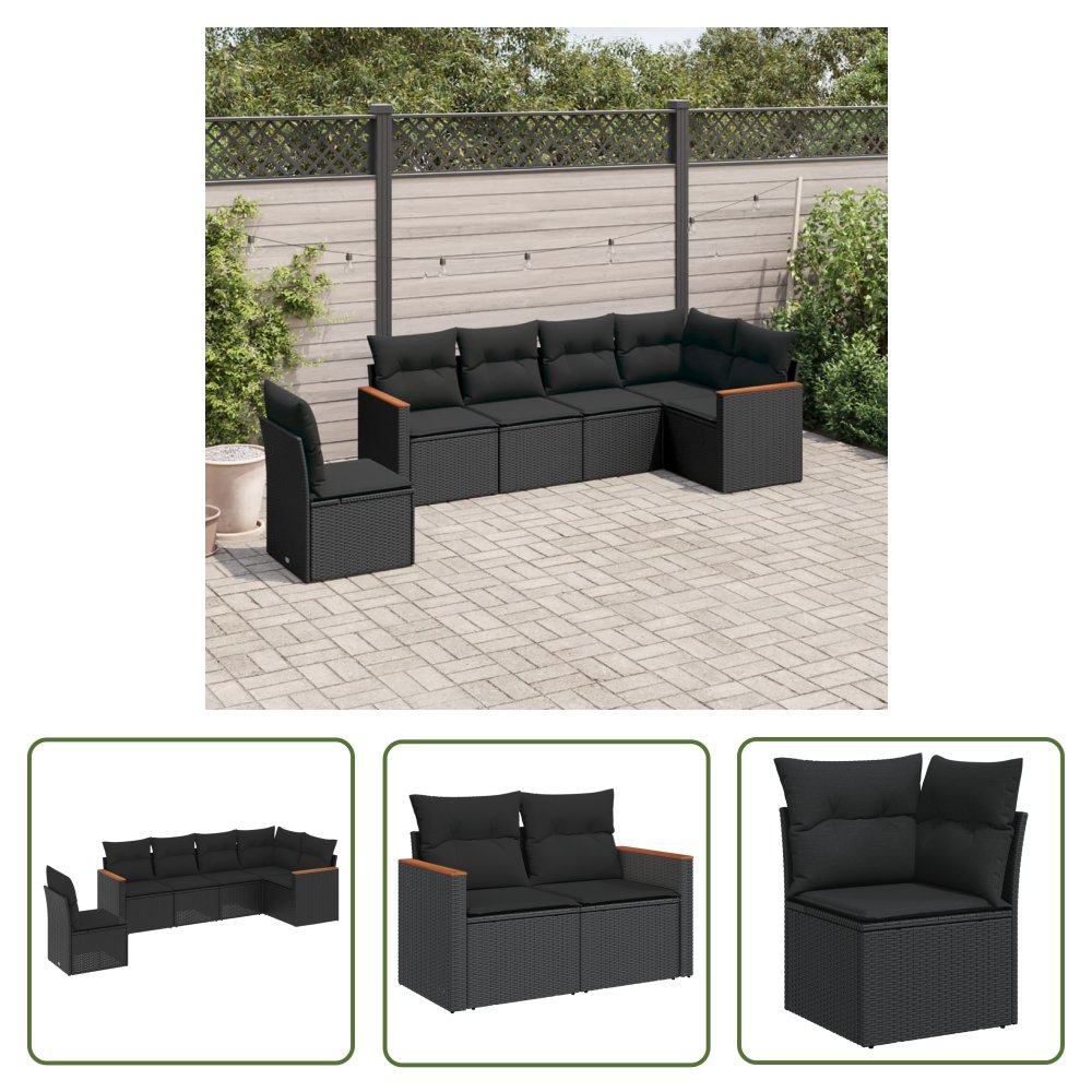 The Living Store 6-cz. zestaw mebli ogrodowych z poduszkami - czarny polirattan - Sofa Ogrodowa