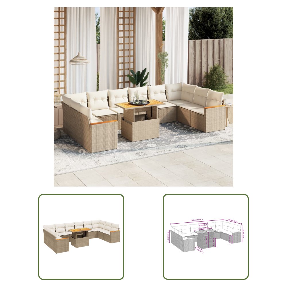 The Living Store 11-cz. zestaw mebli ogrodowych z poduszkami - beżowy - polirattan - Sofa Ogrodowa