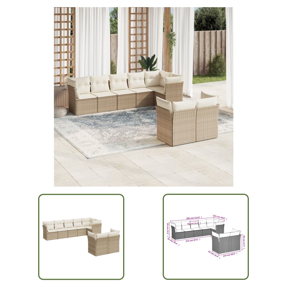 The Living Store 8-cz. zestaw mebli ogrodowych z poduszkami - beżowy - polirattan - Sofa Ogrodowa