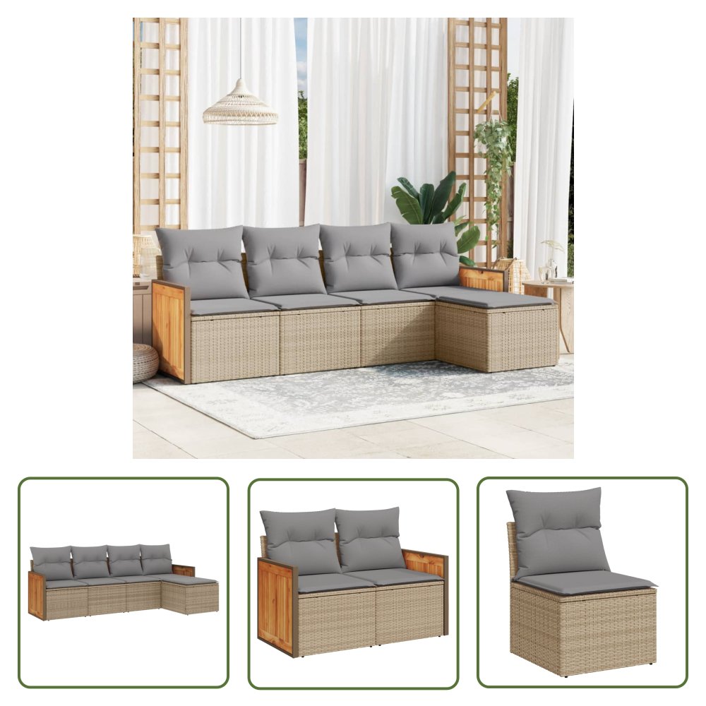 The Living Store 5-cz. zestaw mebli ogrodowych z poduszkami - beżowy - polirattan - Sofa Ogrodowa
