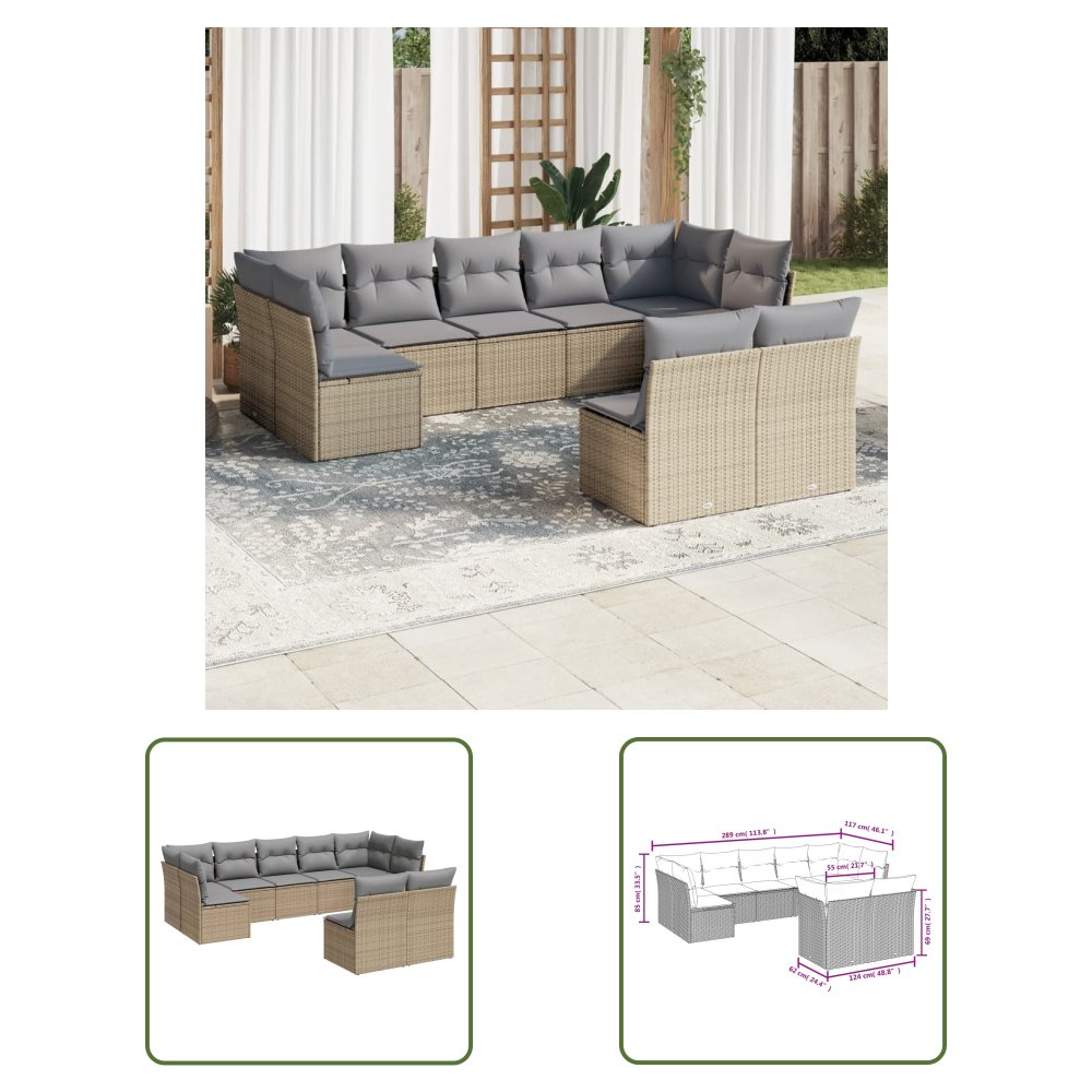 The Living Store 9-cz. zestaw mebli ogrodowych z poduszkami - beżowy - polirattan - Sofa Ogrodowa