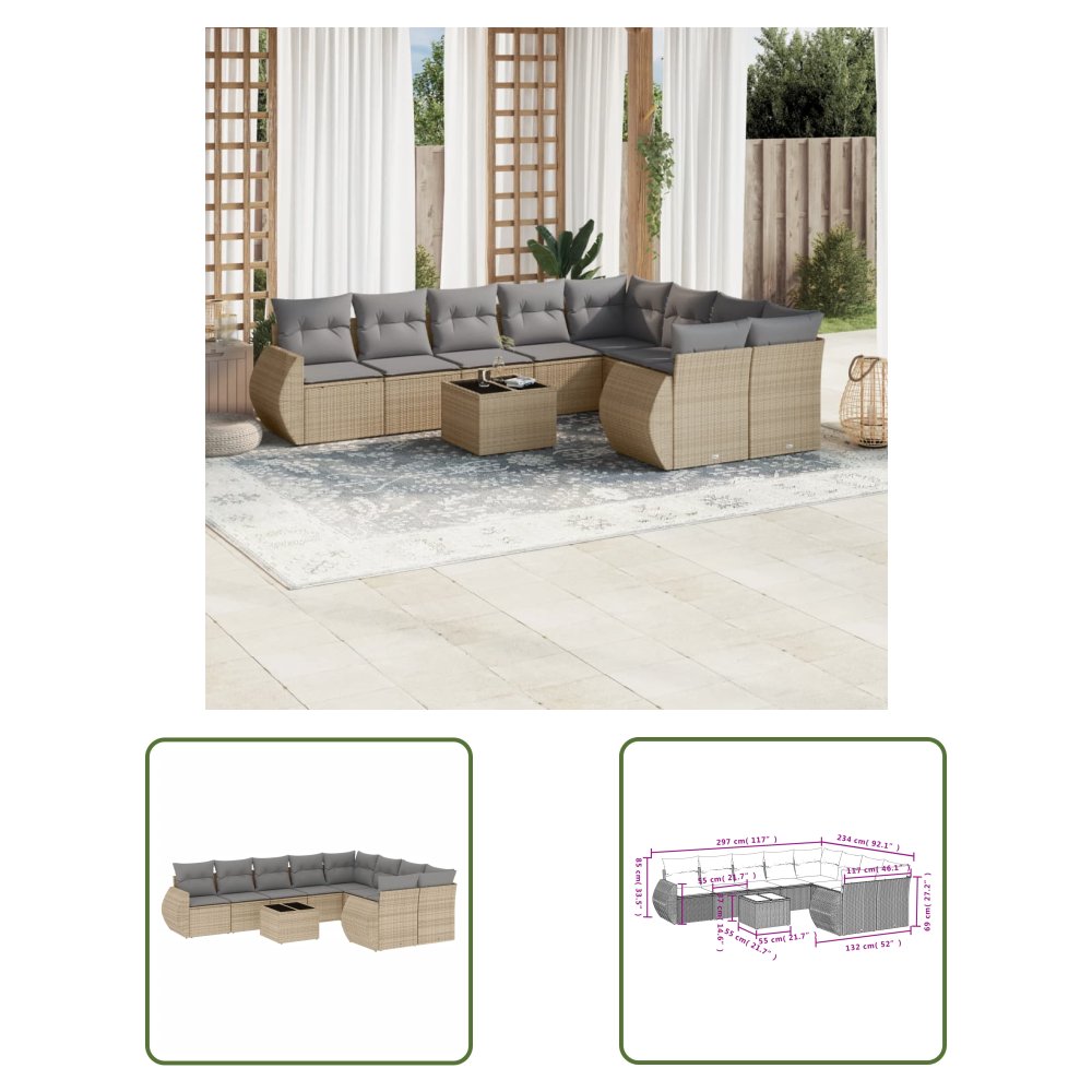 The Living Store 10-cz. zestaw mebli ogrodowych z poduszkami - beżowy - polirattan - Sofa Ogrodowa