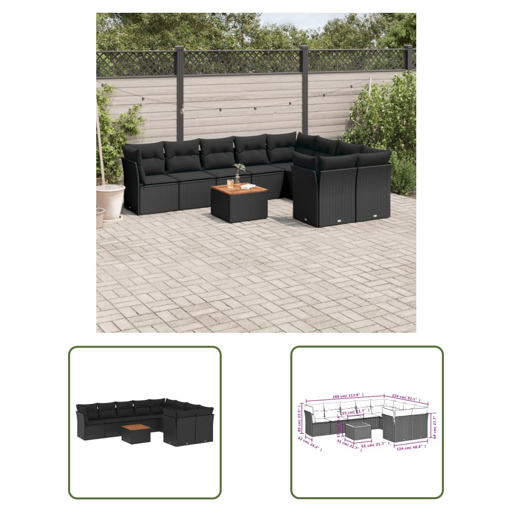 The Living Store 10-cz. zestaw wypoczynkowy do ogrodu - poduszki czarny rattan PE - Sofa Ogrodowa