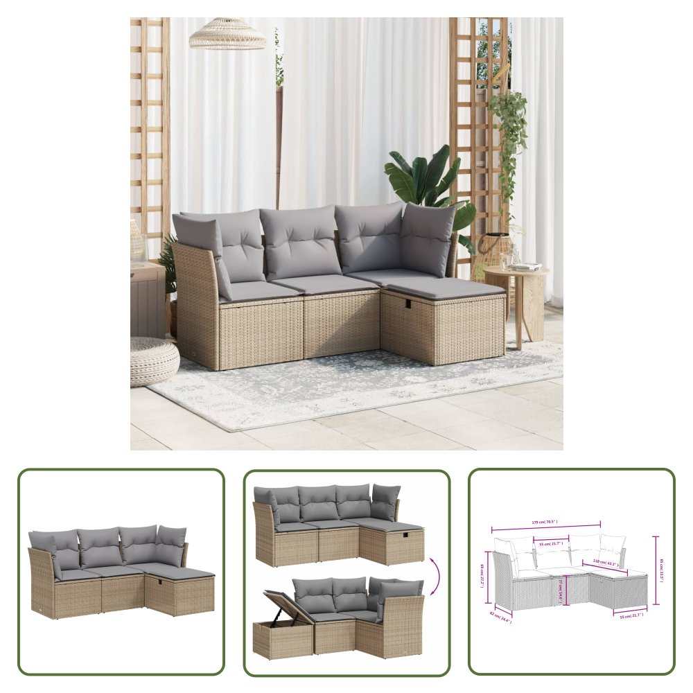 The Living Store 4-cz. zestaw mebli ogrodowych z poduszkami - mieszany beż - Sofa Ogrodowa