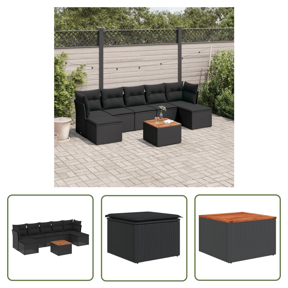 The Living Store 8-cz. zestaw wypoczynkowy do ogrodu - z poduszkami - czarny - Sofa Ogrodowa