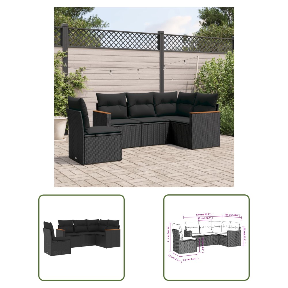 The Living Store 5-cz. zestaw wypoczynkowy do ogrodu - poduszki - czarny rattan PE - Sofa Ogrodowa