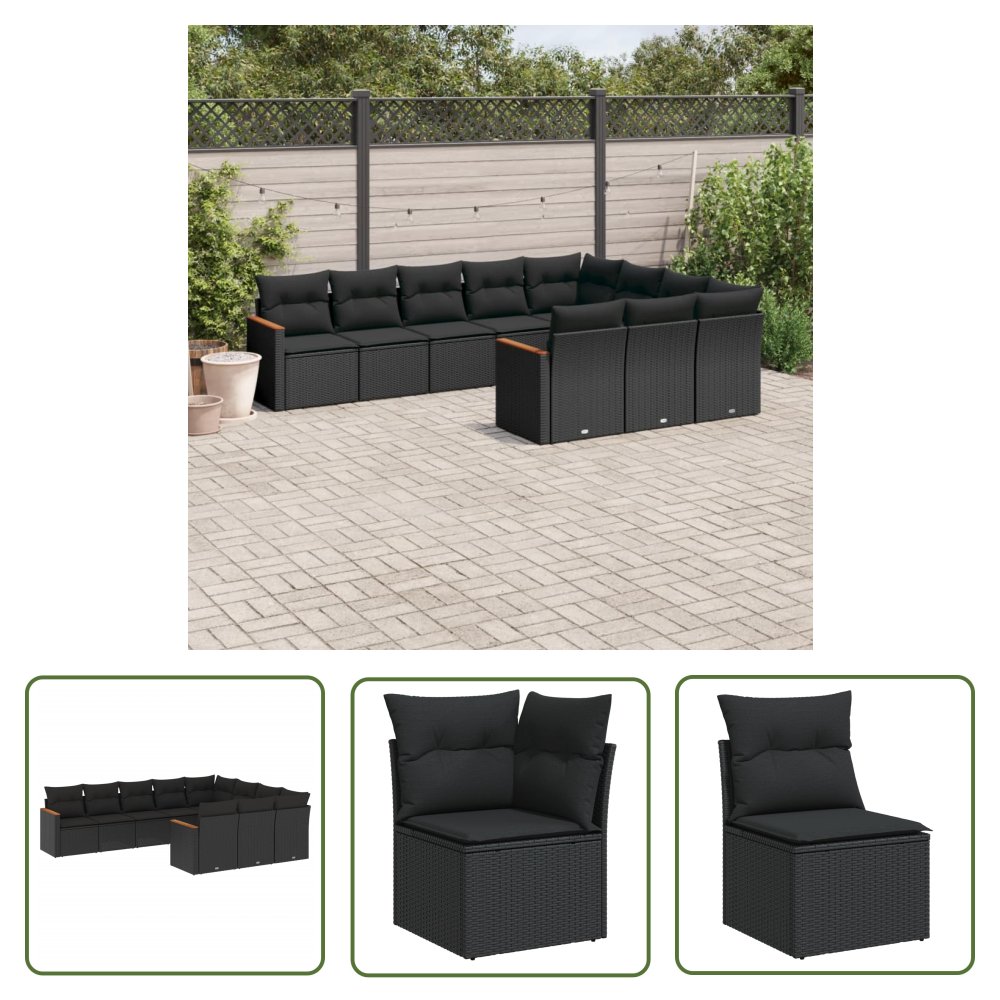 The Living Store 10-cz. zestaw wypoczynkowy do ogrodu - poduszki czarny rattan PE - Sofa Ogrodowa