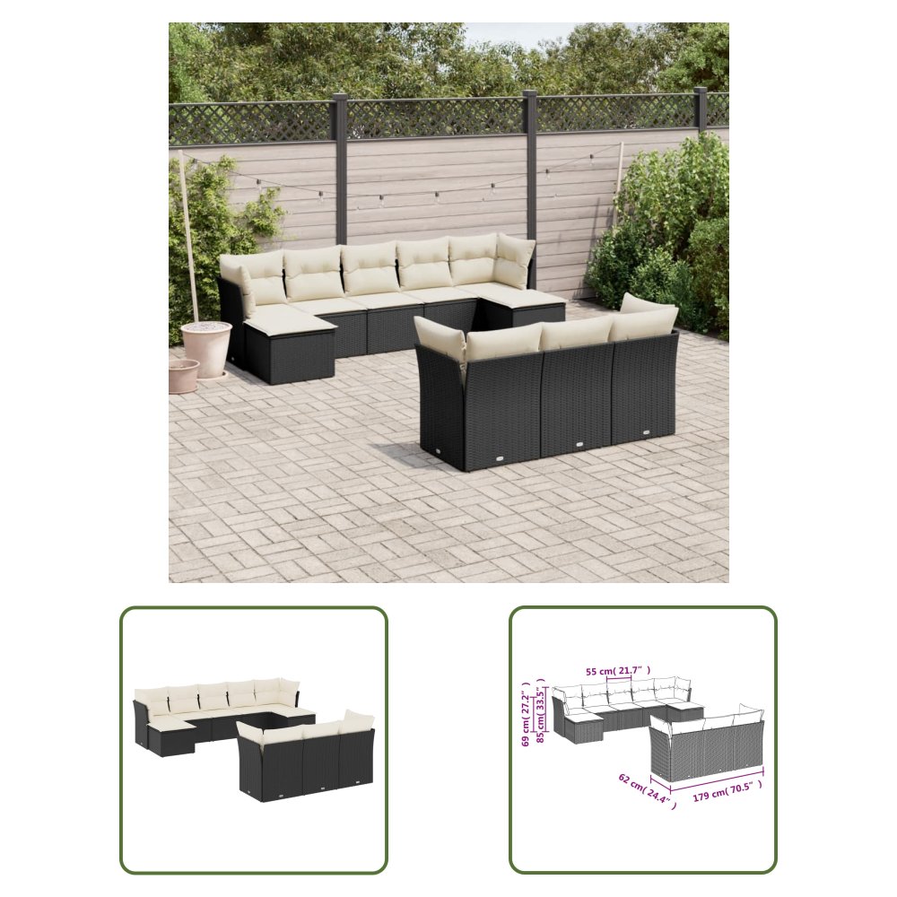 The Living Store 10-cz. zestaw wypoczynkowy do ogrodu - poduszki czarny rattan PE - Sofa Ogrodowa