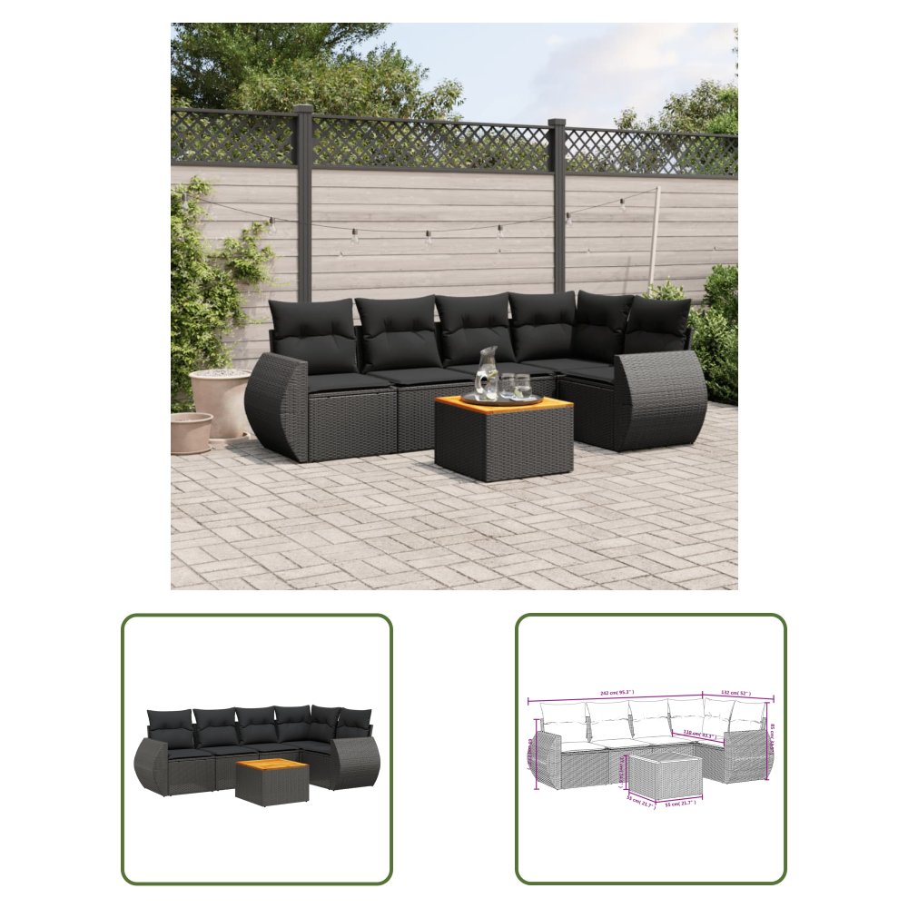 The Living Store 6-cz. zestaw mebli ogrodowych z poduszkami - czarny polirattan - Sofa Ogrodowa