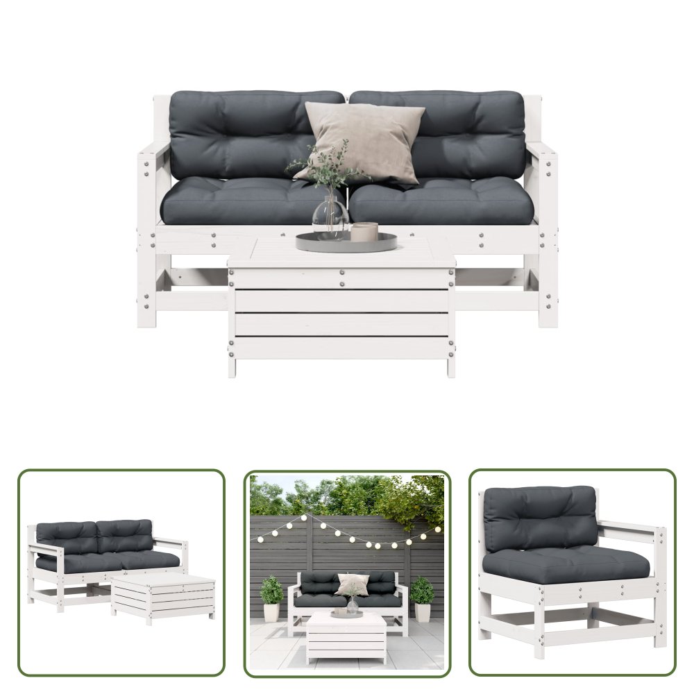 The Living Store 3-cz. zestaw wypoczynkowy do ogrodu - z poduszkami - biały - sosna - Zestaw Wypoczynkowy Do Ogrodu