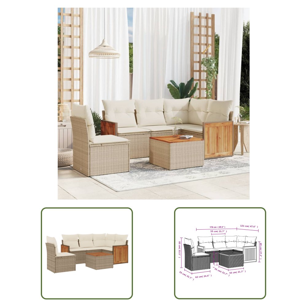 The Living Store 6-cz. zestaw mebli ogrodowych z poduszkami - beżowy - polirattan - Sofa Ogrodowa